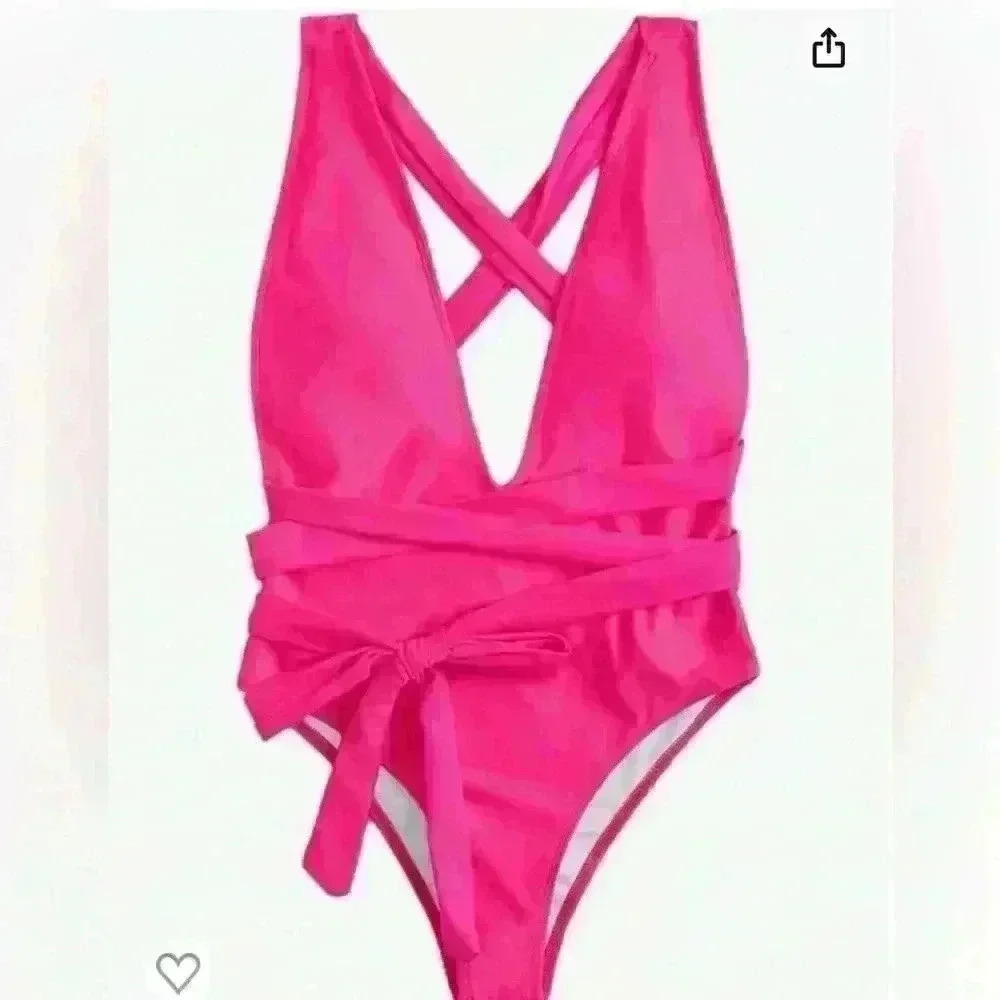 Lilosy Sexy Tie Criss Cross Plunge One Piece Thong Swimsuit High Cut Brazilian L - Picture 3 of 10